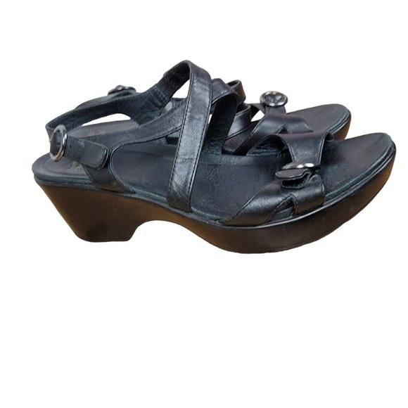 Dansko Jamey Sandal Heels Clogs Black Leather Platform Ankle Strap 40 / 9.5-10 - Picture 2 of 6